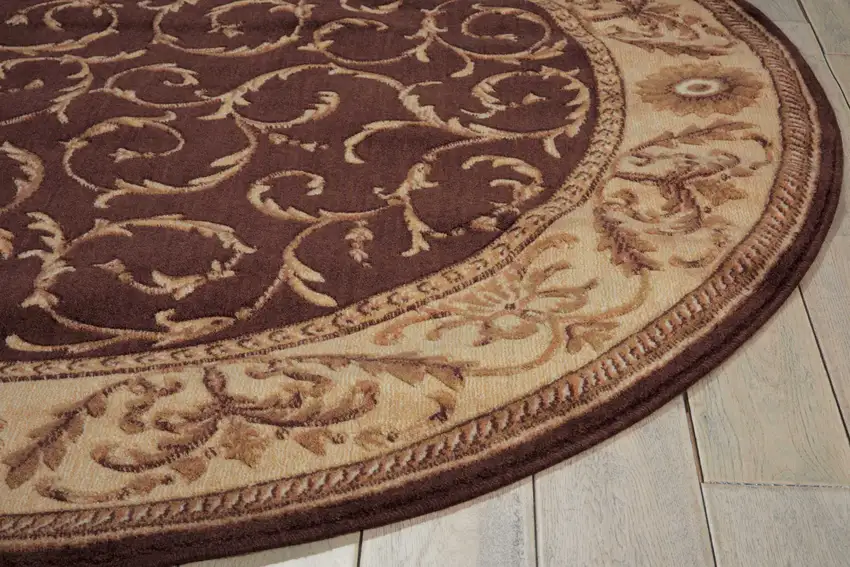 6' Brown And Tan Floral Non Skid Round Rug Photo 9