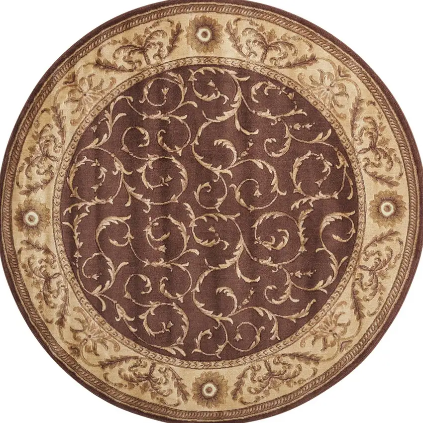 6' Brown And Tan Floral Non Skid Round Rug Photo 2