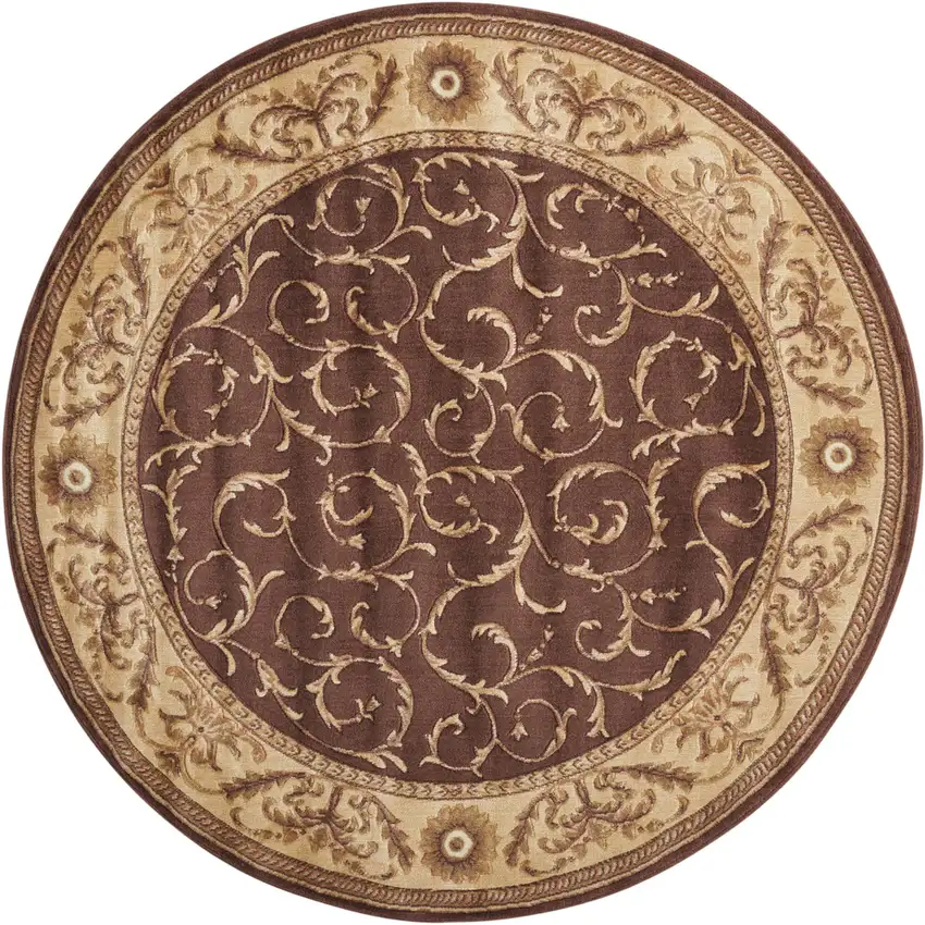 6' Brown And Tan Floral Non Skid Round Rug Photo 4