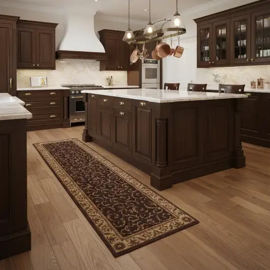 8' Brown And Tan Floral Non Skid Runner Rug Photo 1