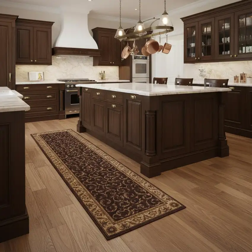 8' Brown And Tan Floral Non Skid Runner Rug Photo 1