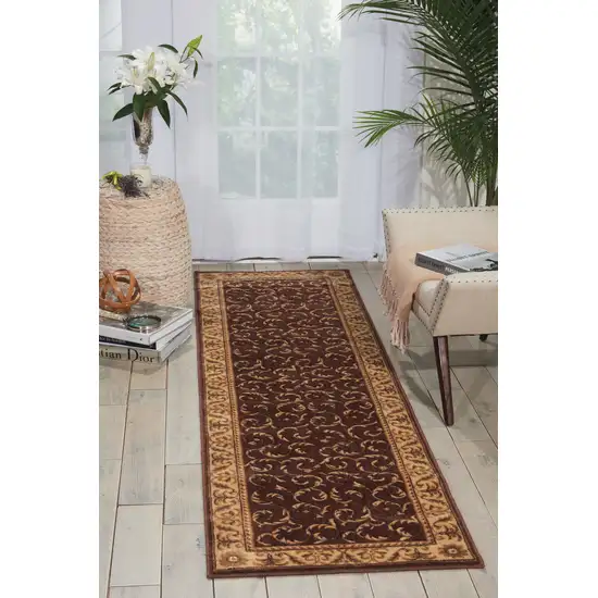 8' Brown And Tan Floral Non Skid Runner Rug Photo 5