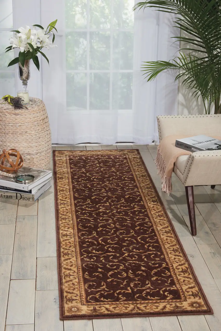 8' Brown And Tan Floral Non Skid Runner Rug Photo 5