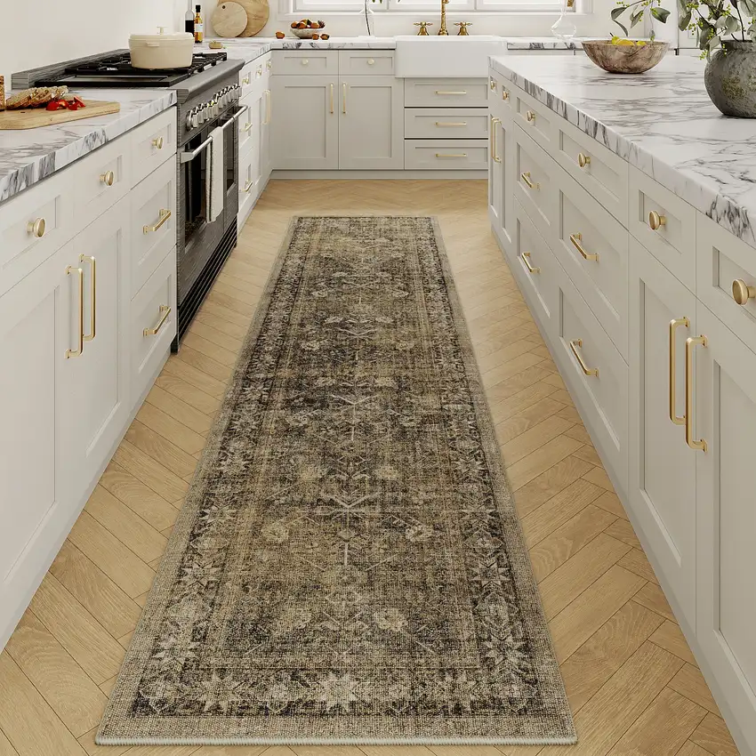 8' Brown And Tan Medallion Distressed Washable Runner Rug Photo 5