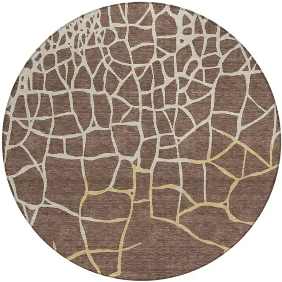 8' Brown And Tan Round Abstract Washable Indoor Outdoor Area Rug Photo 2