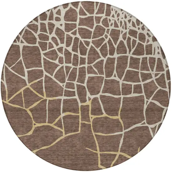 8' Brown And Tan Round Abstract Washable Indoor Outdoor Area Rug Photo 6
