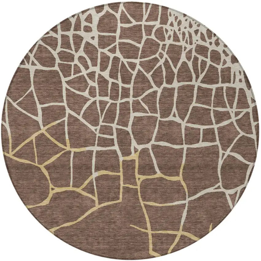8' Brown And Tan Round Abstract Washable Indoor Outdoor Area Rug Photo 6