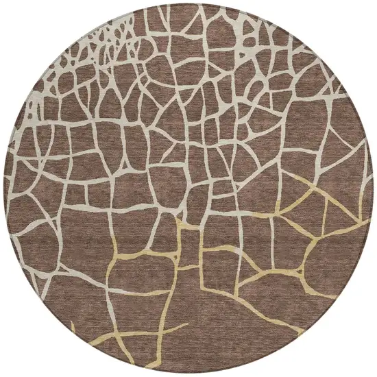 8' Brown And Tan Round Abstract Washable Indoor Outdoor Area Rug Photo 5