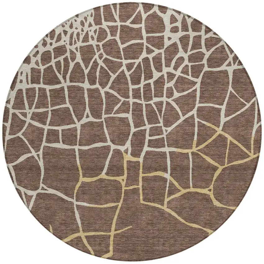8' Brown And Tan Round Abstract Washable Indoor Outdoor Area Rug Photo 5