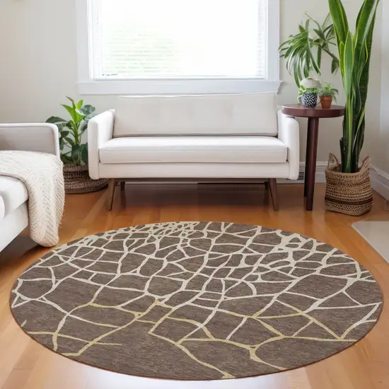8' Brown And Tan Round Abstract Washable Indoor Outdoor Area Rug Photo 8