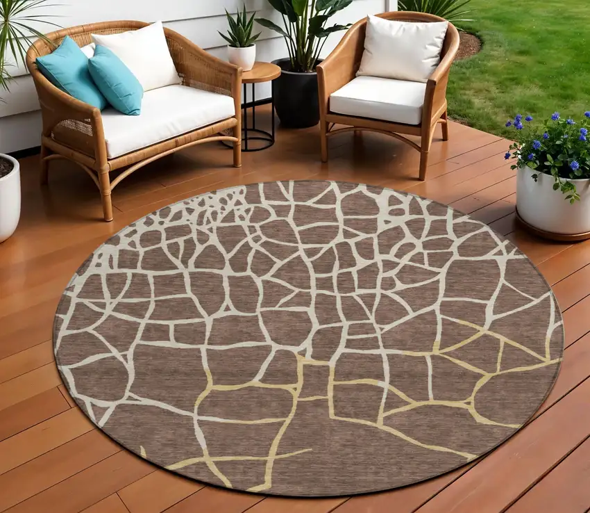 8' Brown And Tan Round Abstract Washable Indoor Outdoor Area Rug Photo 1