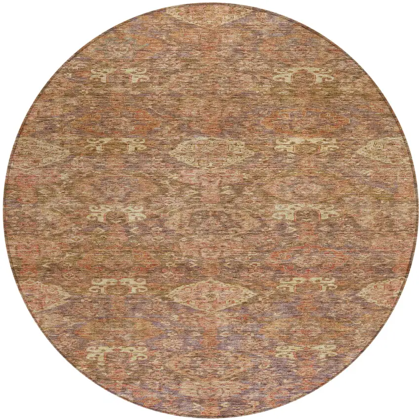 8' Brown And Tan Round Damask Washable Indoor Outdoor Area Rug Photo 2