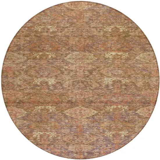 8' Brown And Tan Round Damask Washable Indoor Outdoor Area Rug Photo 2