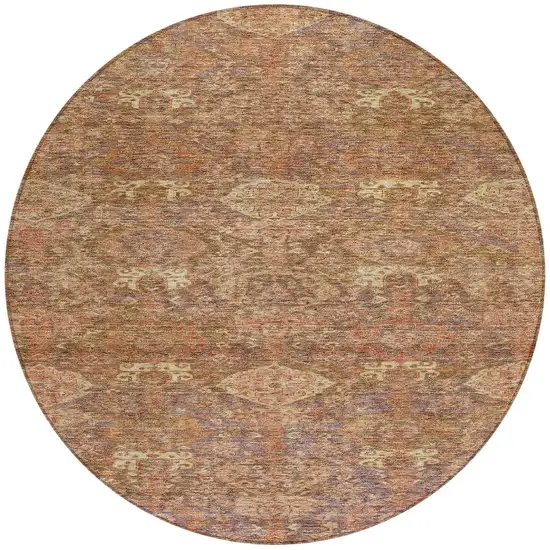 8' Brown And Tan Round Damask Washable Indoor Outdoor Area Rug Photo 6