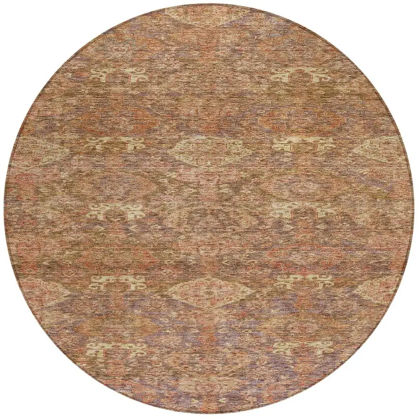 8' Brown And Tan Round Damask Washable Indoor Outdoor Area Rug Photo 6