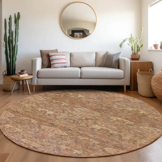 8' Brown And Tan Round Damask Washable Indoor Outdoor Area Rug Photo 8