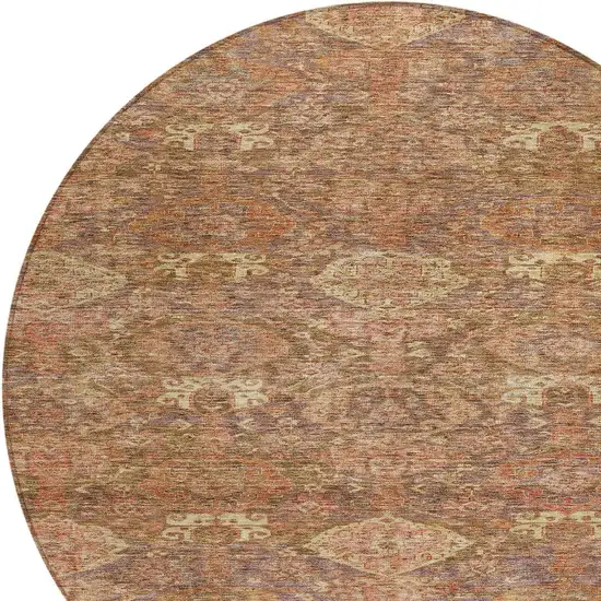 8' Brown And Tan Round Damask Washable Indoor Outdoor Area Rug Photo 5
