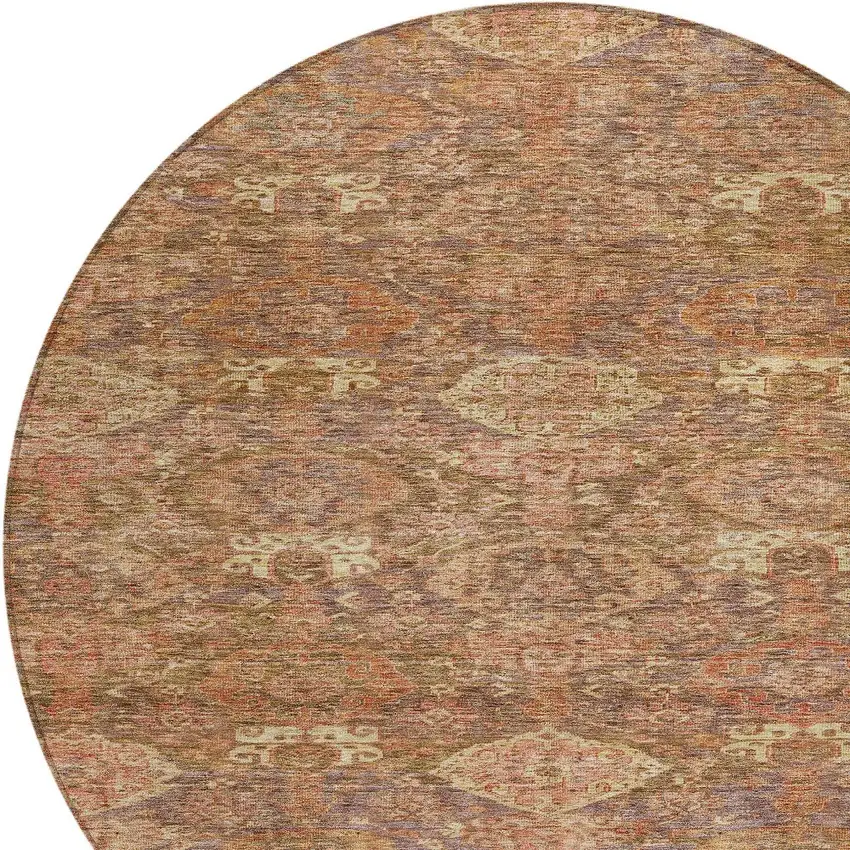 8' Brown And Tan Round Damask Washable Indoor Outdoor Area Rug Photo 5