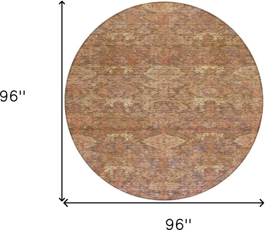 8' Brown And Tan Round Damask Washable Indoor Outdoor Area Rug Photo 9