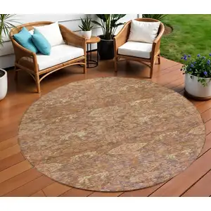 Photo of 8' Brown And Tan Round Damask Washable Indoor Outdoor Area Rug
