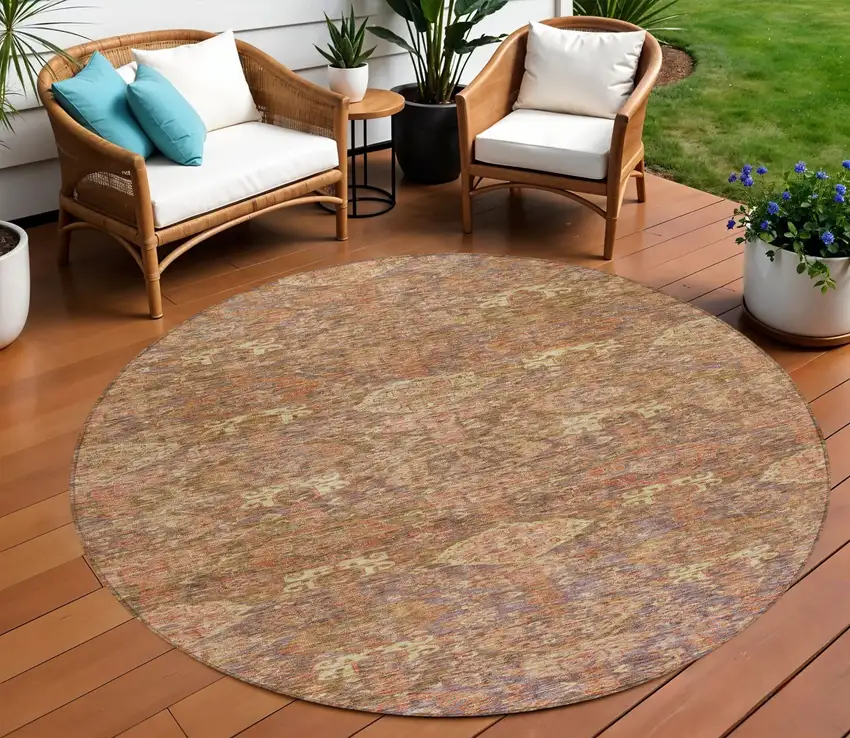 8' Brown And Tan Round Damask Washable Indoor Outdoor Area Rug Photo 1