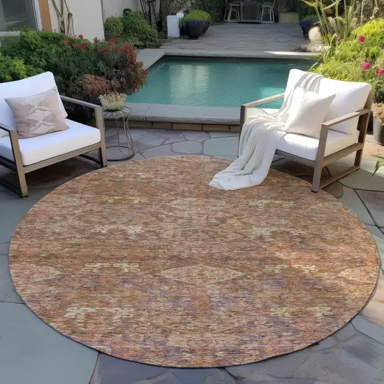 8' Brown And Tan Round Damask Washable Indoor Outdoor Area Rug Photo 7