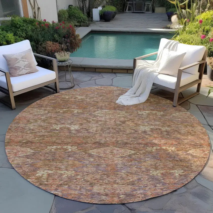8' Brown And Tan Round Damask Washable Indoor Outdoor Area Rug Photo 7