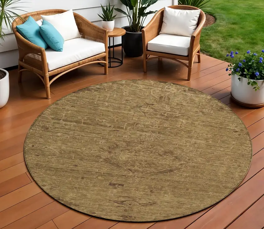 8' Brown And Tan Round Floral Washable Indoor Outdoor Area Rug Photo 1
