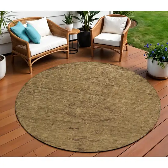8' Brown And Tan Round Floral Washable Indoor Outdoor Area Rug Photo 1