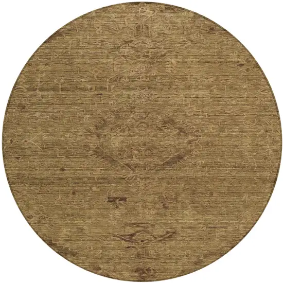 8' Brown And Tan Round Floral Washable Indoor Outdoor Area Rug Photo 1