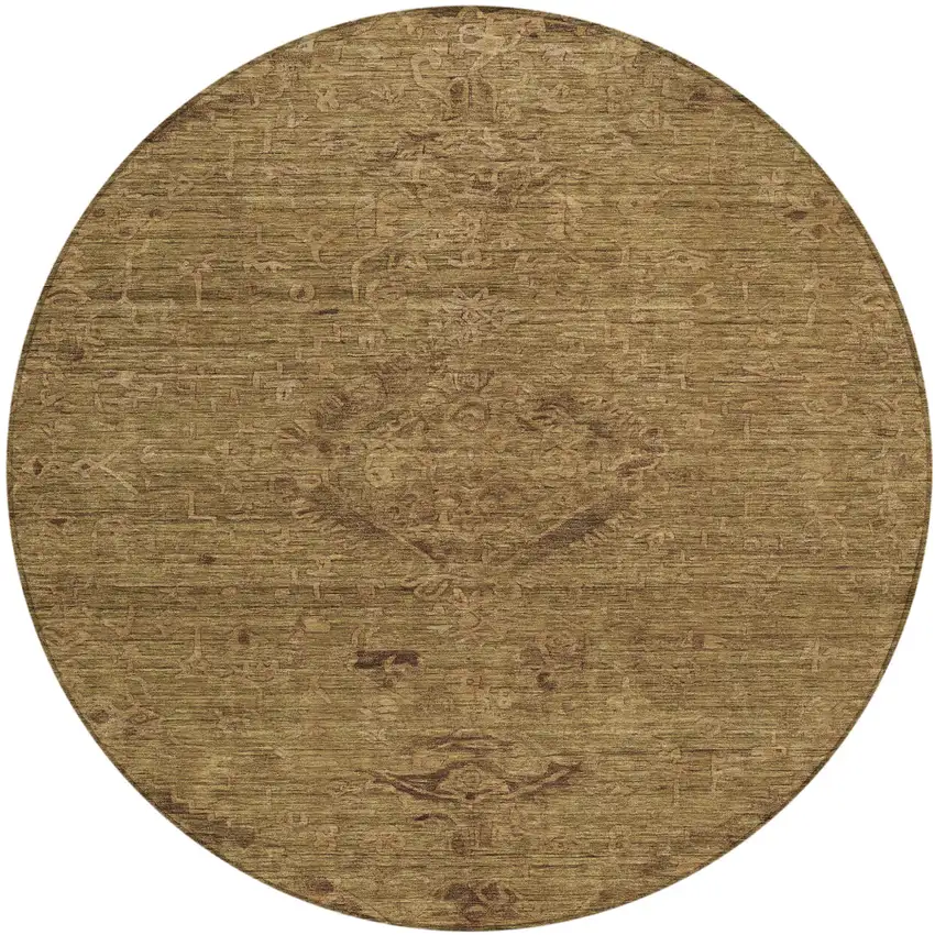 8' Brown And Tan Round Floral Washable Indoor Outdoor Area Rug Photo 1