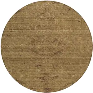 Photo of 8' Brown And Tan Round Floral Washable Indoor Outdoor Area Rug