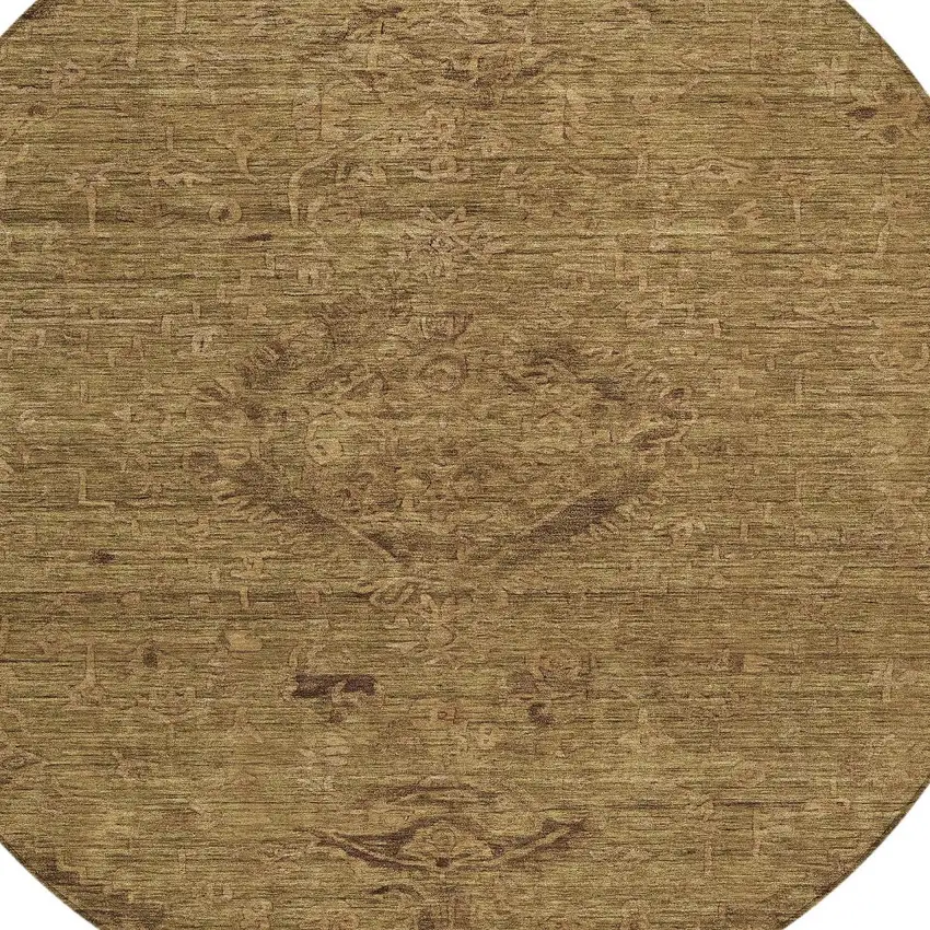 8' Brown And Tan Round Floral Washable Indoor Outdoor Area Rug Photo 4