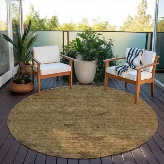 8' Brown And Tan Round Floral Washable Indoor Outdoor Area Rug Photo 6