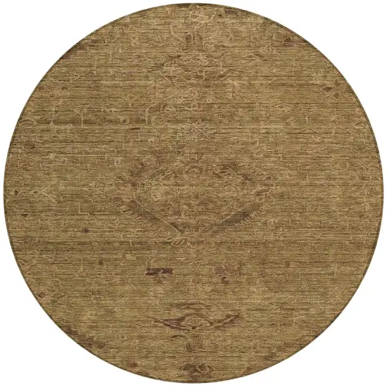 8' Brown And Tan Round Floral Washable Indoor Outdoor Area Rug Photo 5