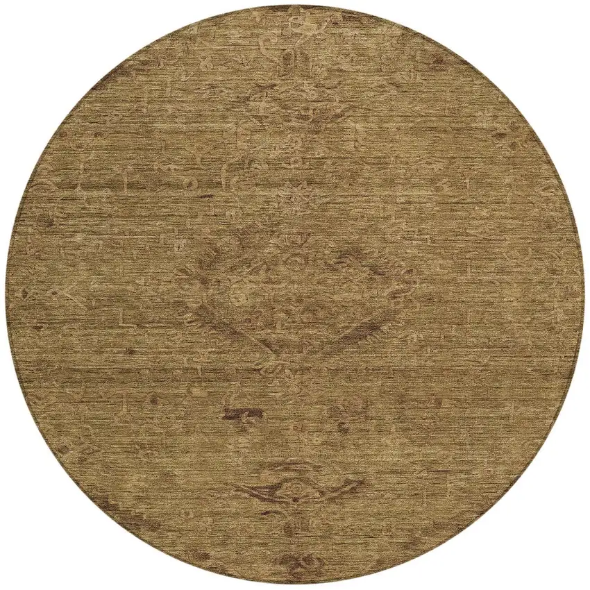 8' Brown And Tan Round Floral Washable Indoor Outdoor Area Rug Photo 5