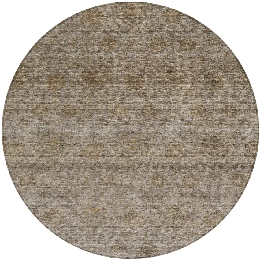 8' Brown And Tan Round Floral Washable Indoor Outdoor Area Rug Photo 2
