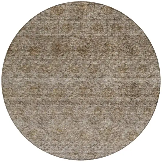 8' Brown And Tan Round Floral Washable Indoor Outdoor Area Rug Photo 5