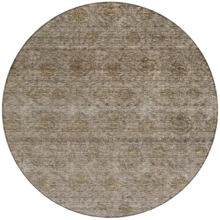 8' Brown And Tan Round Floral Washable Indoor Outdoor Area Rug Photo 5