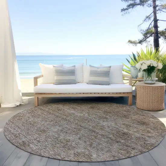 8' Brown And Tan Round Floral Washable Indoor Outdoor Area Rug Photo 6