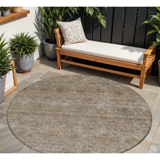 8' Brown And Tan Round Floral Washable Indoor Outdoor Area Rug Photo 1