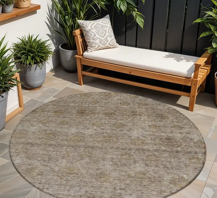 8' Brown And Tan Round Floral Washable Indoor Outdoor Area Rug Photo 1