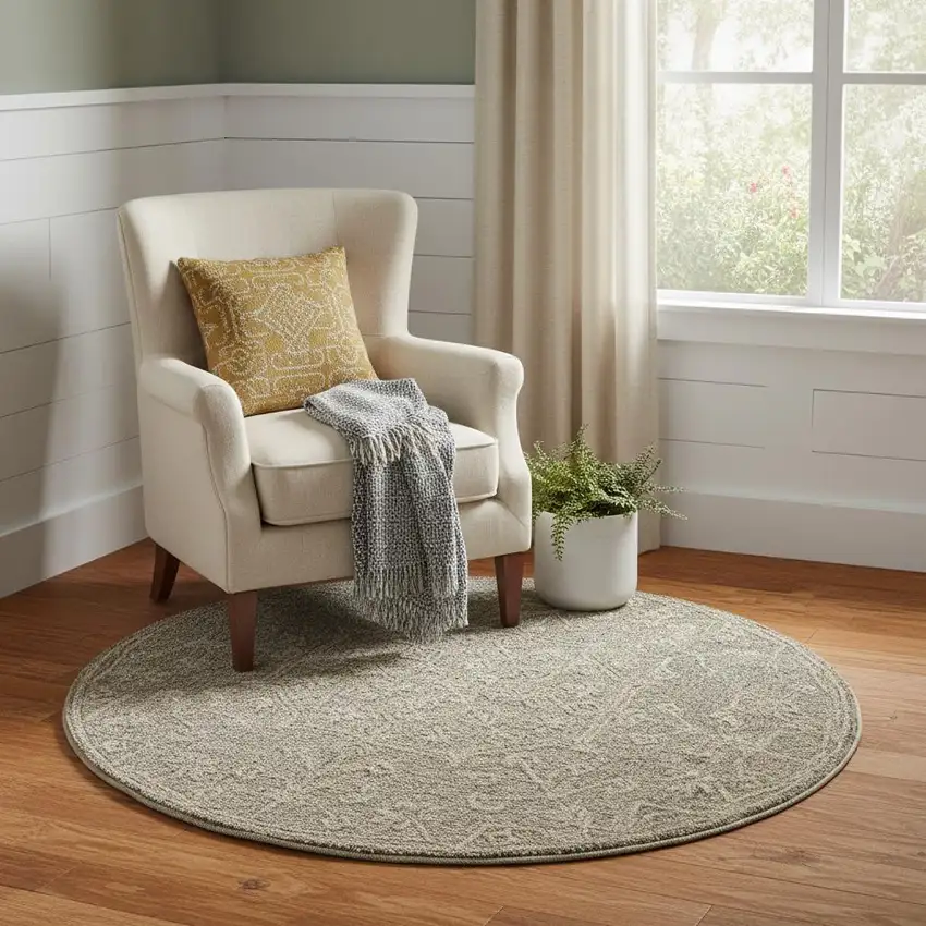 5' Brown And Tan Wool Floral Hand Tufted Round Rug Photo 1