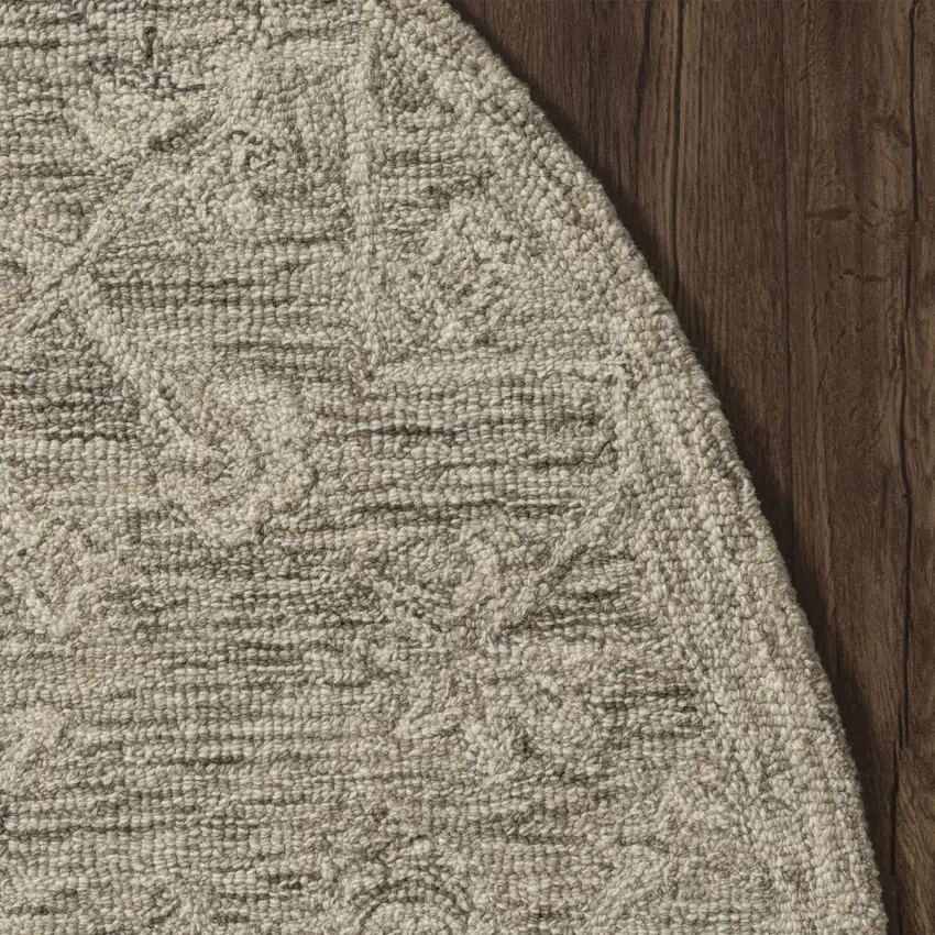 5' Brown And Tan Wool Floral Hand Tufted Round Rug Photo 9