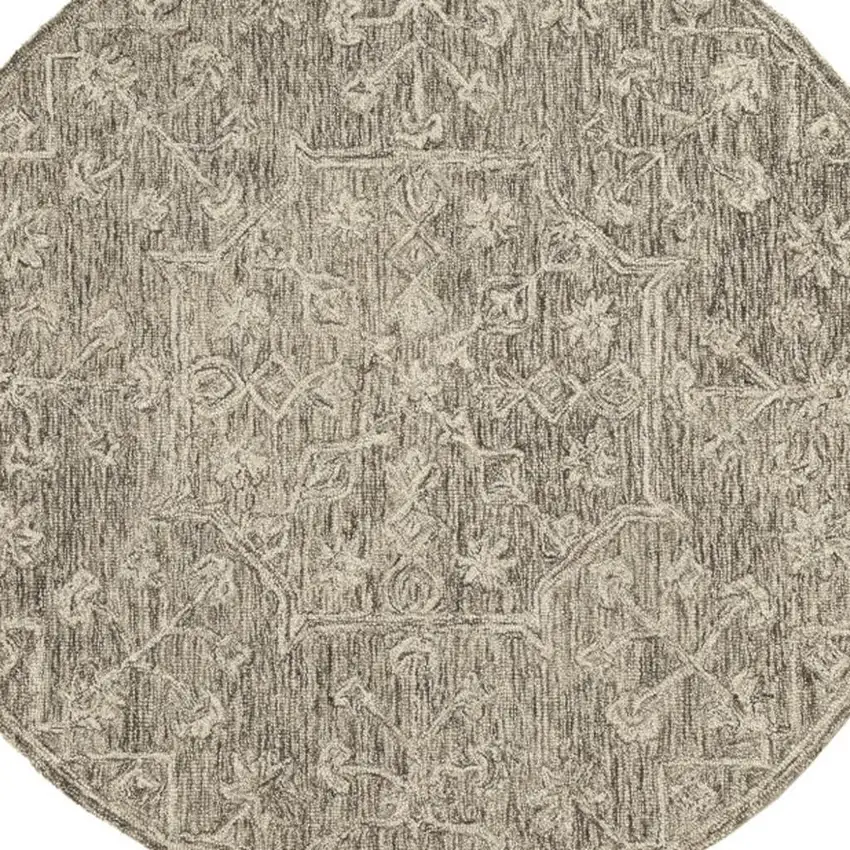 5' Brown And Tan Wool Floral Hand Tufted Round Rug Photo 4