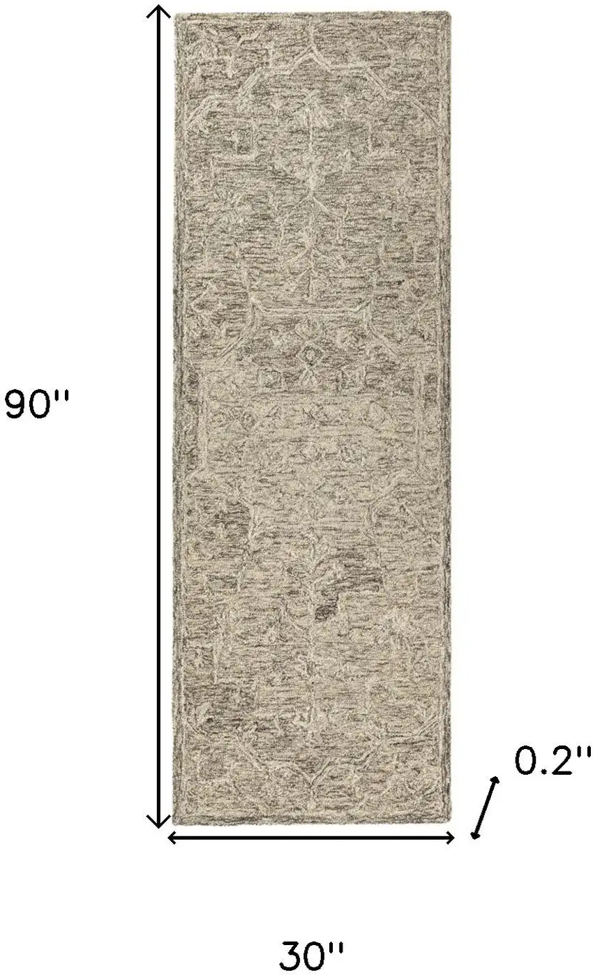 8' Brown And Tan Wool Floral Hand Tufted Runner Rug Photo 3