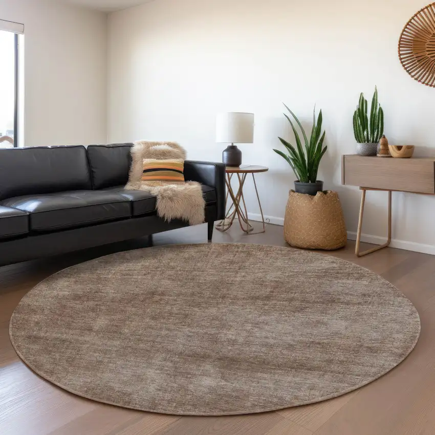 8' Brown And Taupe Abstract Washable Round Rug With UV Protection Photo 4