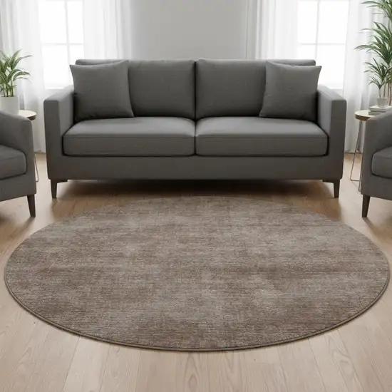 8' Brown And Taupe Abstract Washable Round Rug With UV Protection Photo 2