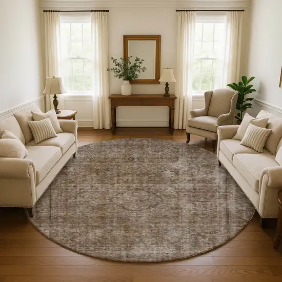 8' Brown And Taupe Abstract Washable Round Rug With UV Protection Photo 3