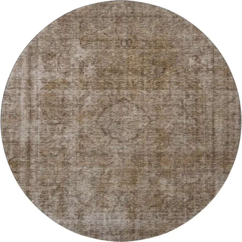 8' Brown And Taupe Abstract Washable Round Rug With UV Protection Photo 2